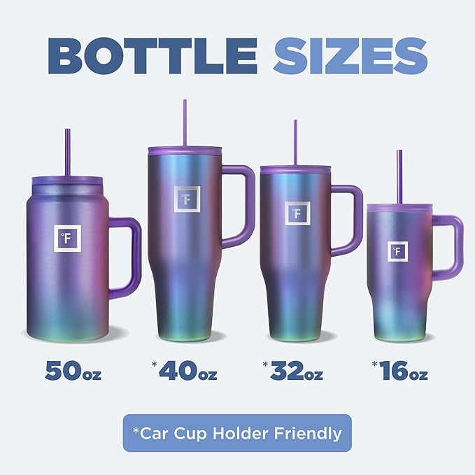 IRON °FLASK Co-Pilot Insulated Mug w/Straw & Flip Cap Lids - Cup Holder Bottle for Hot, Cold Drink - Leak-Proof - Water, Coffee Portable Travel Mug - Pink Tulip, 40 Oz