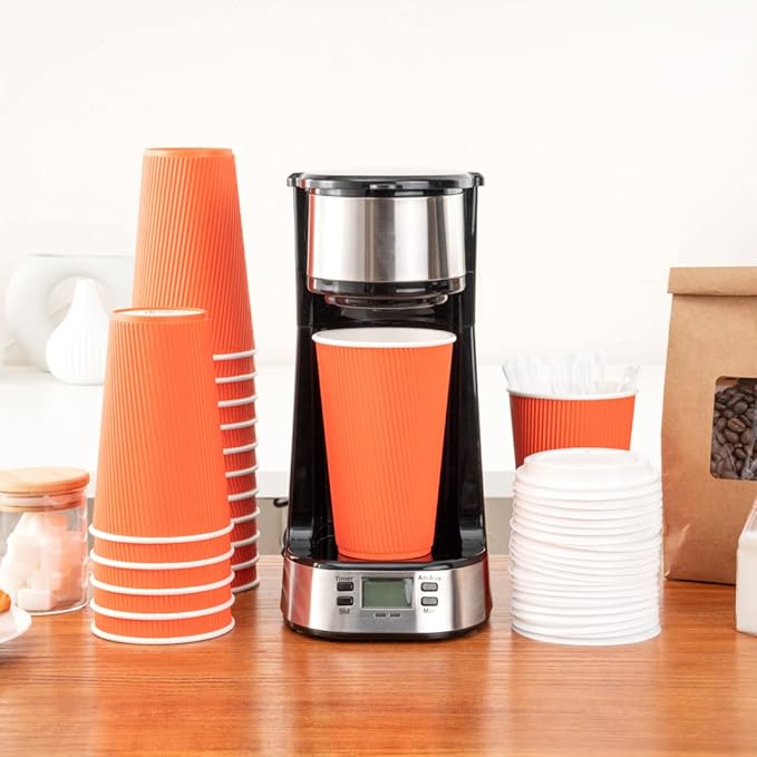 Restaurantware 16 Ounce Ripple Wall Disposable Coffee Cups, 500 Insulated Orange Paper Tumblers, Rolled Rim Design, Lids Sold Separately for Hot Drinks like Tea, Hot Chocolate and More