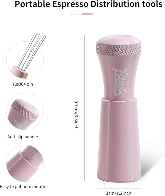 WDT Espresso Distribution Tool - Espresso Stirrer Tool For Barista, Espresso Tamper With Stainless Steel Retractable Needles (PINK)