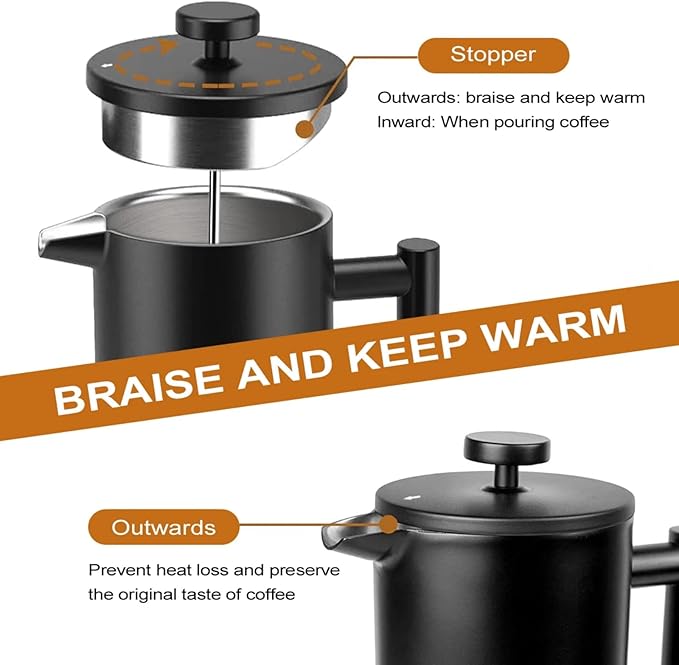 French Press Coffee Maker,Stainless Steel Double Wall Insulated Coffee Press 34 oz,4-8 Cups, Portable Hot Cold Brew Teapot Cafetera for Coffee Bar Accessories Kitchen Camping (Black,34oz)