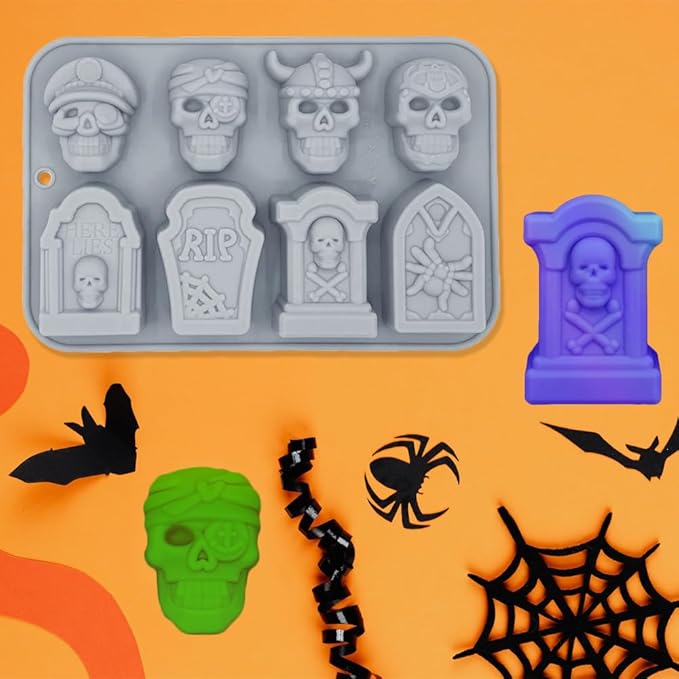 Halloween Chocolate Mold Silicone,2pcs Cavity Candy Gummy Mold with Skull and Tombstone for Baking Chocolate Jelly Gummy Desser