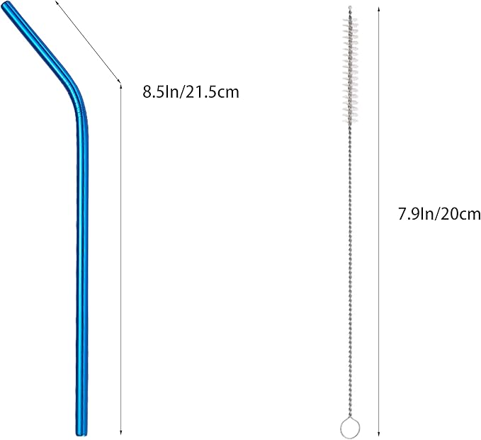 10 Pcs Stainless Steel Straws, Reusable Drinking Straws, Bent Metal Straw Sets with 2 Pcs Cleaning Brushes (Blue, 8.5 Inch)