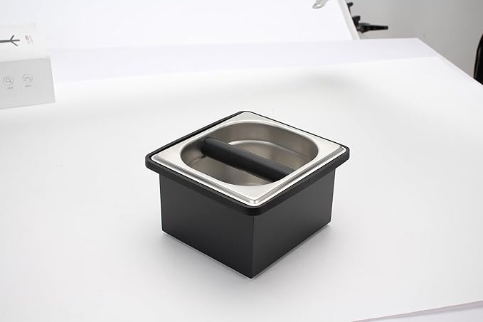 Espresso Knock Box,Stainless Steel Coffee Pucks Container, with Steel Holder and Noise Reduction Rubber Ring (7.28 x 6.8 x 4.25 inch)