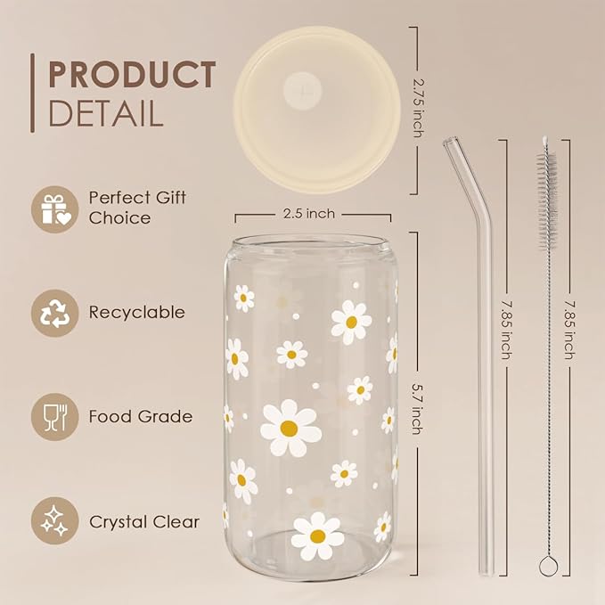 Daisy 16 Oz Can Glass Tumbler with Acrylic Lid and Straw - Iced Coffee Cups for Women, Aesthetic Glass Cup Gift for Birthday Christmas