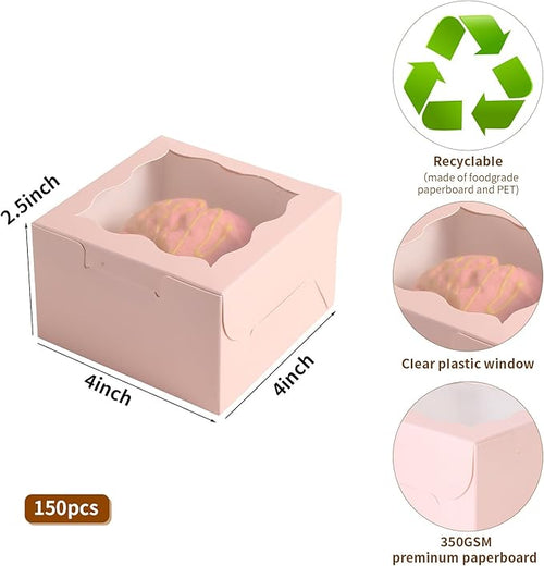 150pcs Pink Small Cake Box,4x4x2.5 Inch Bakery Boxes with Window,gift boxes bulk for Mini Cake Pastry Dessert Strawberries Chocolates Cupcakes with Stickers