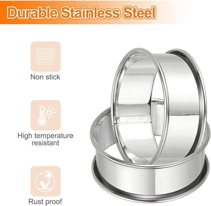 HARFINGTON 6pcs Crumpet Rings 2.36" Nonstick Round Cake Ring Stainless Steel Double Rolled English Pastry Rings for Kitchen Baking Crumpet Dessert, Silver