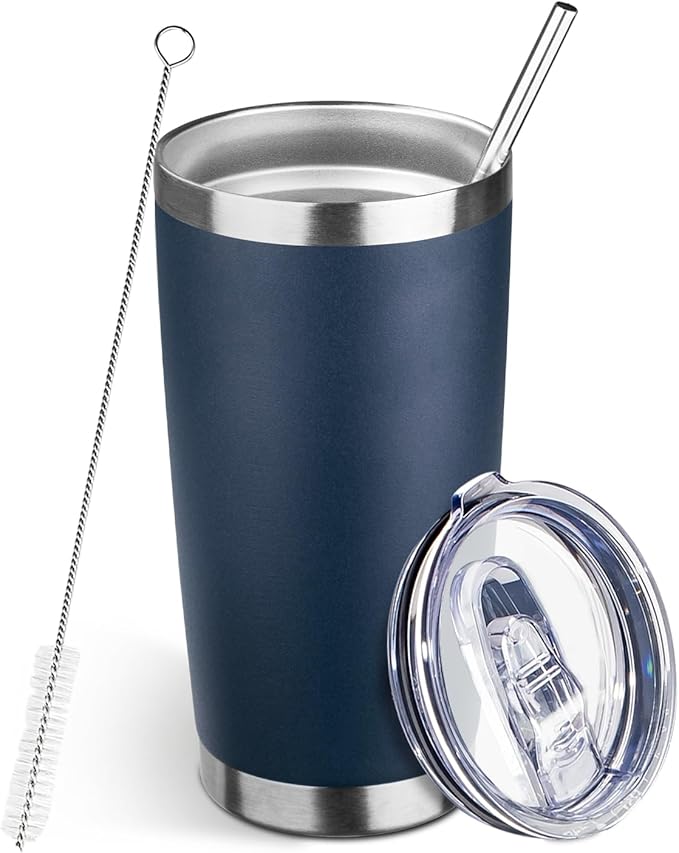 20oz Tumbler Bulk with Lid and Straw, Stainless Steel Double Wall Vacuum Insulated Travel Mug, Powder Coated Coffee Cups for Hot and Cold Drinks,Funny Gifts for Women Men(Navy Blue,1)