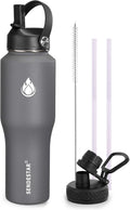 SENDESTAR Water Bottle 32oz,2 Lids(Straw lid),Wide Mouth Stainless Steel Vacuum Insulated Double Wall Keep Liquids Cold or Hot All Day,Sweat Proof Sport Design,Fit Car Cup Holder(Gray)