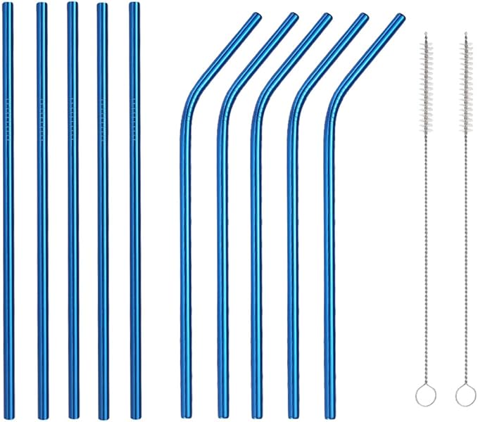 10 Pcs Stainless Steel Straws, Reusable Drinking Straws, 5 Straight + 5 Bent Metal Straws Set With 2 Pcs Cleaning Brushes (Blue, 10.5 Inch)