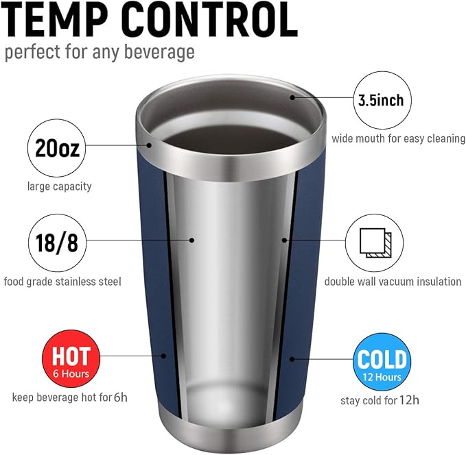 COMOOO 20oz Double Wall Vacuum Insulated Travel Mug, Stainless Steel Tumbler with Lid and Straw Durable Powder Coated Insulated Coffee Cup for Cold & Hot Drinks (Navy. 2 pack