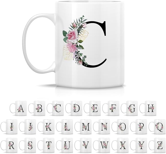 Retreez Initial A-Z Floral Botanical Bouquet Alphabet Monogrammed Monogram Mug 11 Oz Ceramic Tea Coffee Mugs - Appreciation Thank You Wedding Birthday Gifts for her friend coworker sister - C Initial