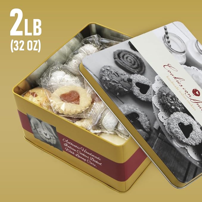 Assorted Italian Cookies Gift Box, 30+ Pieces Individually Wrapped Traditional Gourmet Cookies - 2Lb Square Tin with Authentic Premium Pastries for Holiday Gifting, Coffee Pairing, and Christmas Celebrations