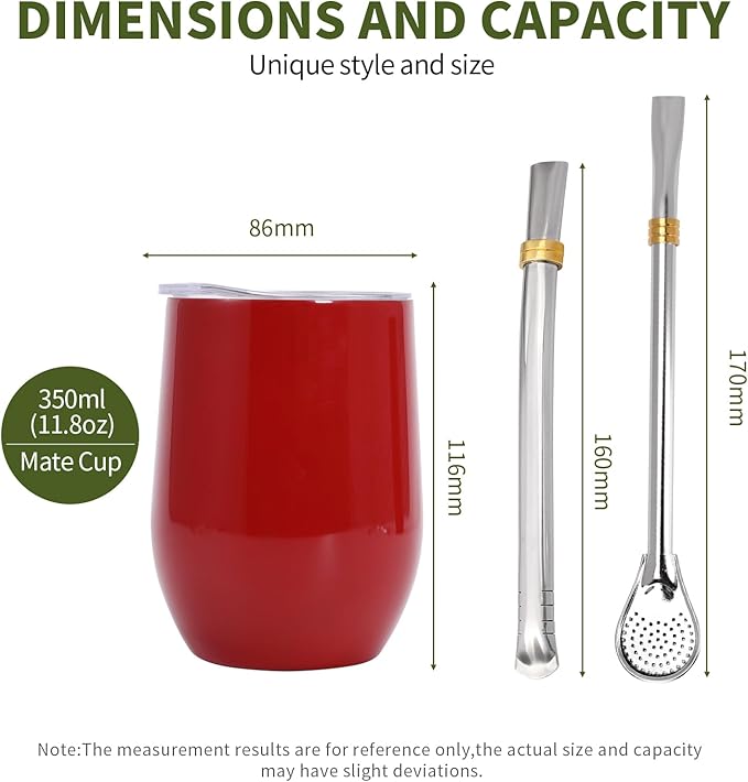 Yerba Mate Cup with Lid, 2 Bombillas, Cleaning Brush, 11.8oz Stainless Steel Double-Wall Insulated Gourd (Red)
