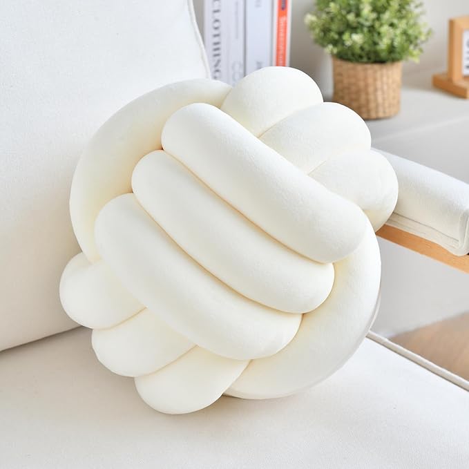 Decorative Throw Knot Pillow Ball for Home Chair Sofa Aesthetic Round Velvet Knotted Pillow Cushion (Milky White, 11 inches)