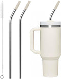 Repeatable Metal Straw with Silicone Tips for 40 oz Stanley Tumbler, 2 Pcs 40 oz Stainless Steel Straws Replacement for Stanley Tumbler, 1 Straw Brush, BPA Free（Cream Grey）