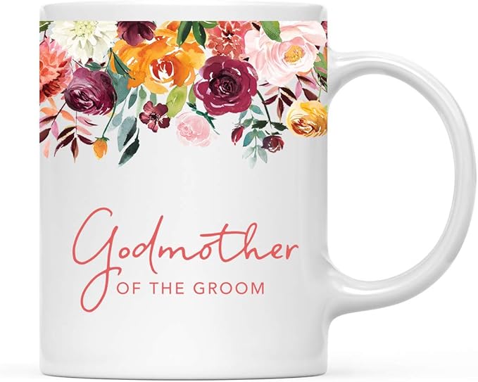 Andaz Press 11oz. Wedding Ceramic Coffee Tea Mug Gift, Fall Autumn Burgundy Orange Peach Flowers Roses Florals, Godmother of the Groom, 1-Pack, Includes Gift Box