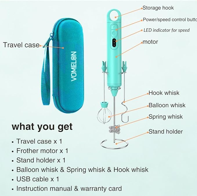 Rechargeable Milk Frother Handheld 3 Speed Coffee Foamer [3 Whisk] Electric Drink Mixer for Latte, Cappuccino, Coffee, Eggs, Hot Chocolate, Mint