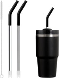 Snowfall 2 Pcs Replacement Metal Straws for Stanley 14 OZ, 20 OZ Tumbler, Stainless Steel Straws with Silicone Tip for 20 OZ Tumbler, Straw Brush (Black)