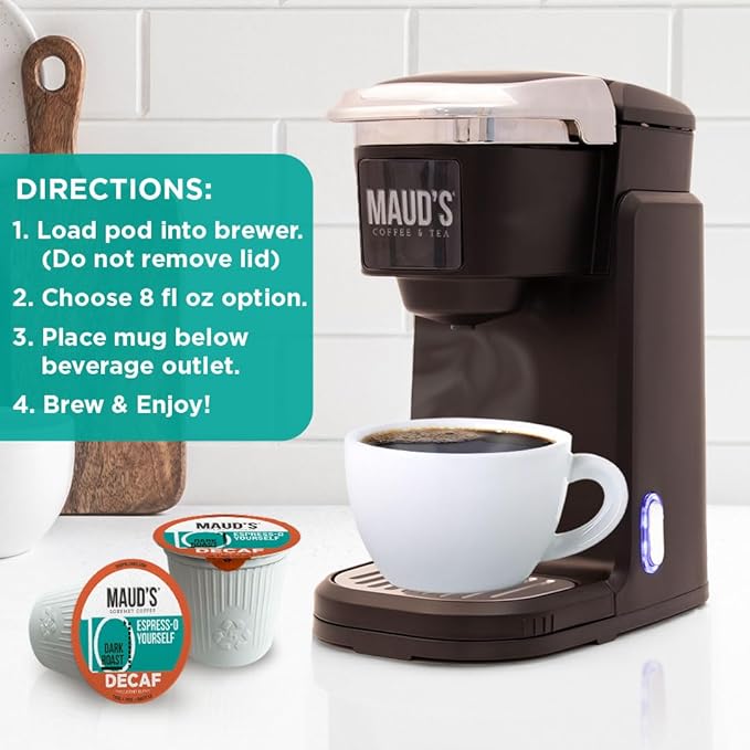 Maud's Decaf Espresso Roast Coffee Pods, 100 ct, Decaffeinated Dark Roast Coffee in Recyclable Single Serve Pods – 100% Arabica Coffee, Compatible with Keurig K Cups Maker