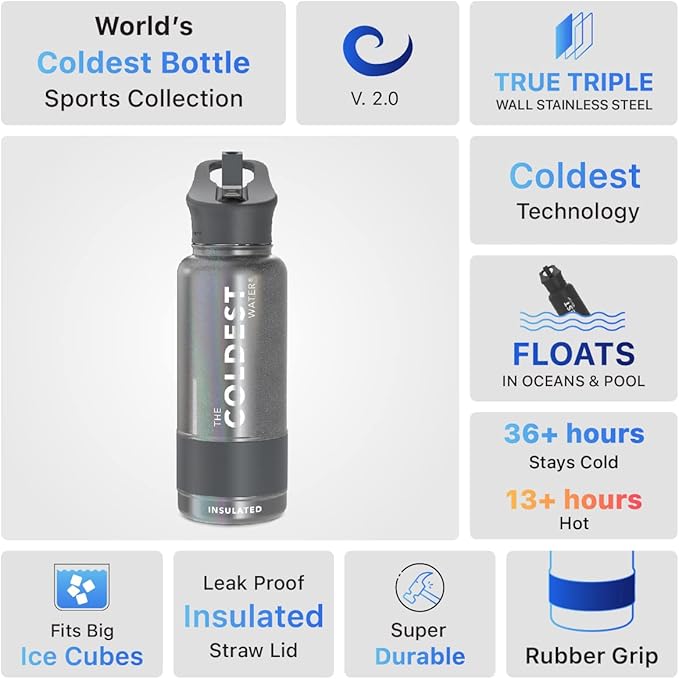 Coldest Insulated Water Bottle with Straw Lid - Stainless Steel Metal Insulated Bottle for Men & Women (Stardust Glitter, 32 oz)