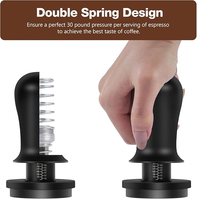 PUSEE 51mm Espresso Coffee Tamper with Double Spring Calibrated, Handle Tamper 30lbs Pressure with Titanium Coating Stainless Steel Ripple for Barista Espresso Machine Accessories 51mm Tamper, Black