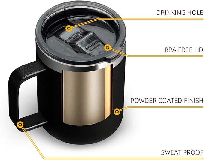 ALOUFEA 12oz Stainless Steel Insulated Coffee Mug with Handle, Double Wall Vacuum Travel Mug, Tumbler Cup with Sliding Lid, Black