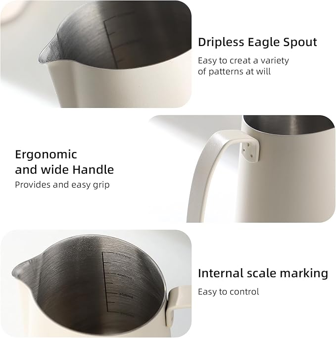 Milk Frothing Pitcher 500ML - Espresso Steaming Pitcher with Large Handle and V-Spout,Stainless Steel Milk Frothing Cup for Cappuccino, Latte Art,Coffee Machine Accessories