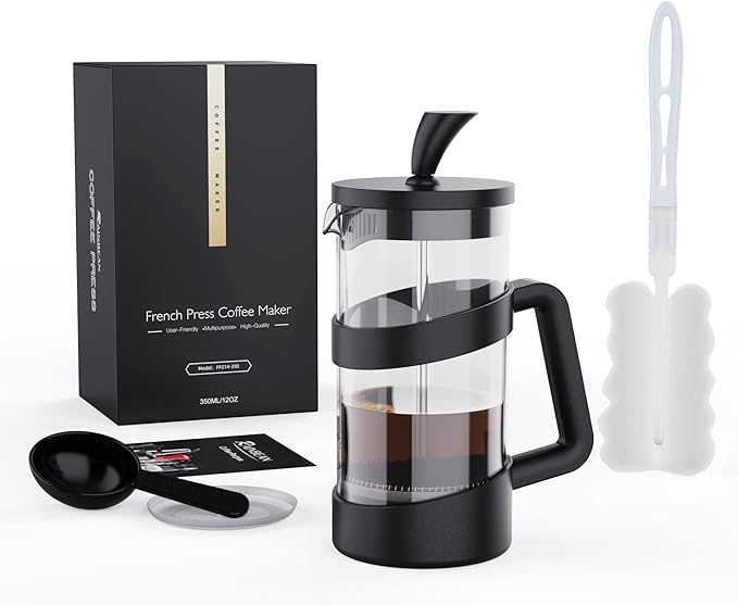 RAINBEAN Mini French Press Coffee Maker, 12 oz, Camping Coffee Press Pot, Small French Press, Tea and Frothed Milk Press (Black, 12 oz)