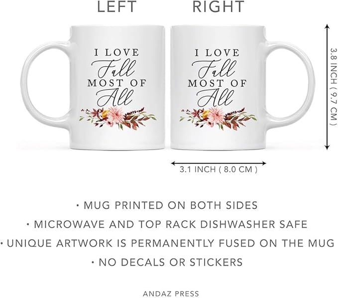 Andaz Press Fall Burgundy Marsala 11oz. Ceramic Coffee Tea Mug, I Love Fall Most Of All, 1-Pack, Floral Leaves Graphic, Friend, Family, Coworker, Autumn Season, Thanksgiving Ideas