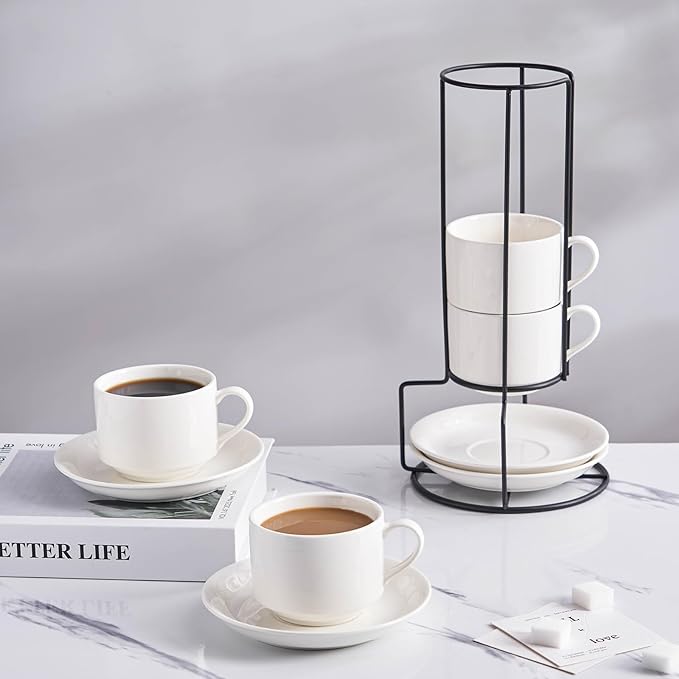 YOLIFE 8oz Porcelain Stackable Cappuccino Cups with Saucers and Metal Stand Set of 4, Coffee cups for Espresso, Specialty Coffee Drinks, Latte, Americano and Tea - White