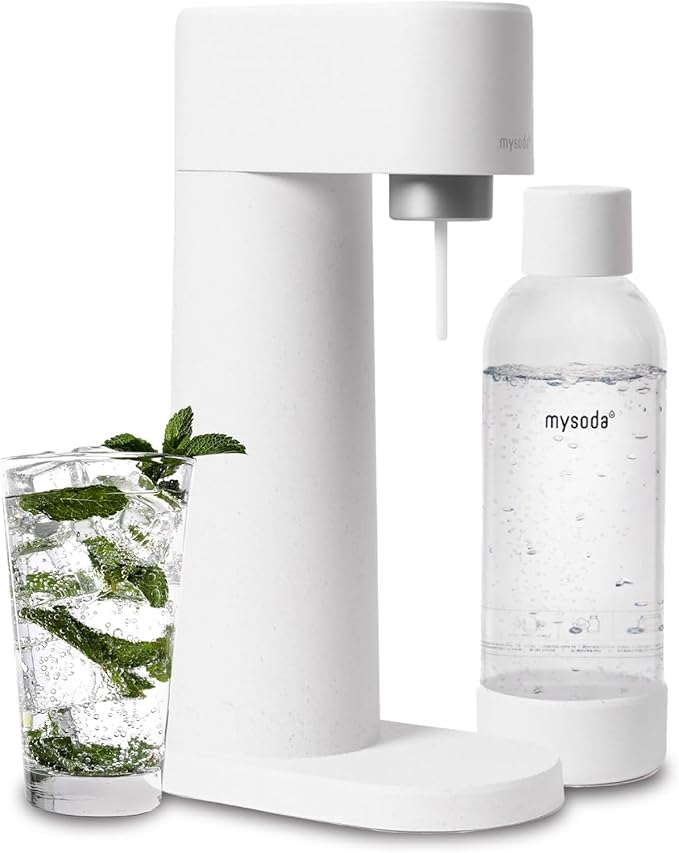 Mysoda Woody Sparkling Water Maker - Silent Carbonated Water Machine Made of Renewable Wood Composite and 1L Water Bottle - Without CO2 Cylinder - Seltzer Maker Machine - Colour White