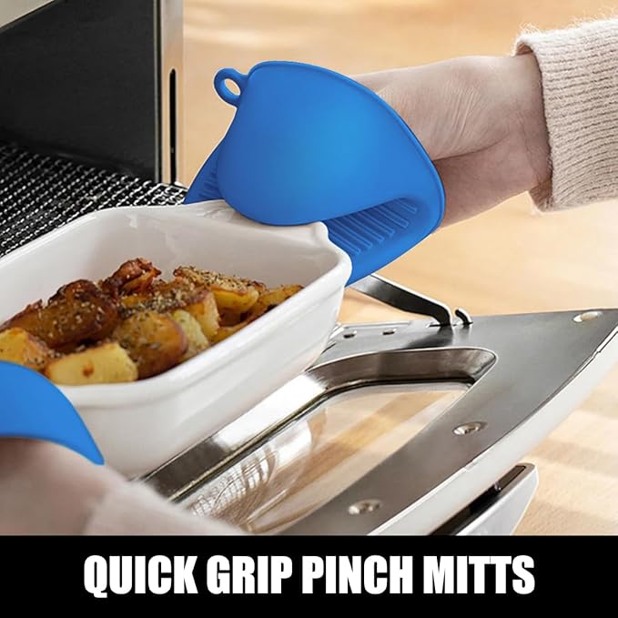 Rorecay Extra Long Oven Mitts and Pot Holders Sets: Heat Resistant Silicone Oven Mittens with Mini Oven Gloves Hot Pads Potholders for Kitchen Baking Cooking, Quilted Liner, Pack of 6 (Lake Blue)