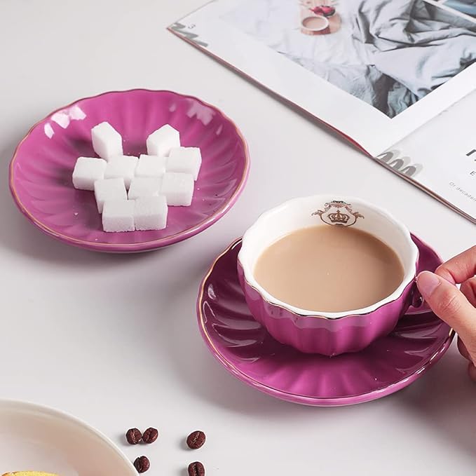 Porcelain Tea Sets British Royal Series, 8 OZ Cups& Saucer Service for 6, with Teapot Sugar Bowl Cream Pitcher Teaspoons and Tea Strainer, Suitable for High Tea, Wedding, Party (Violet)