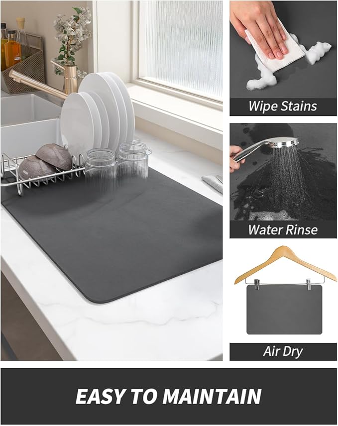 AMOAMI Coffee Mat - Hide Stain Rubber Backed Absorbent Dish Drying Mat for Kitchen Counter - Fits Under Coffee Maker or Machine