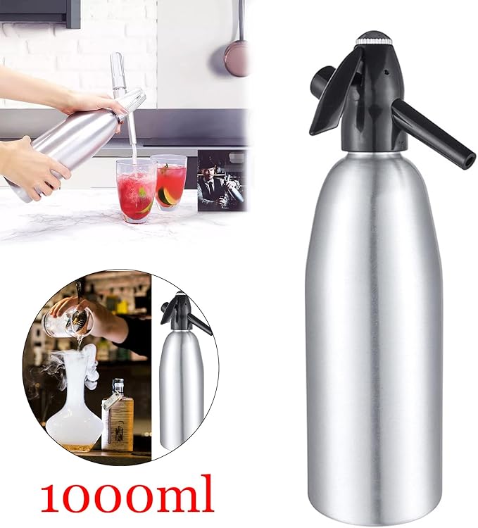 1L Portable Home Soda Maker – Aluminum Soda Siphon, Vintage Seltzer Bottle for DIY Homemade Carbonated Drinks, Sparkling Water Maker for Healthy Soda Water & Cocktails (Silver)