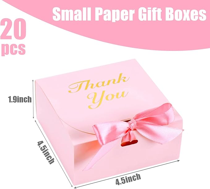 VGOODALL 20PCS Thank You Gift Boxes, 4.5x4.5x1.9Inches Mini Party Favor Boxes Pink Treat Bags with Bow Ribbon for Wedding Bridal Baby Shower Birthday Party