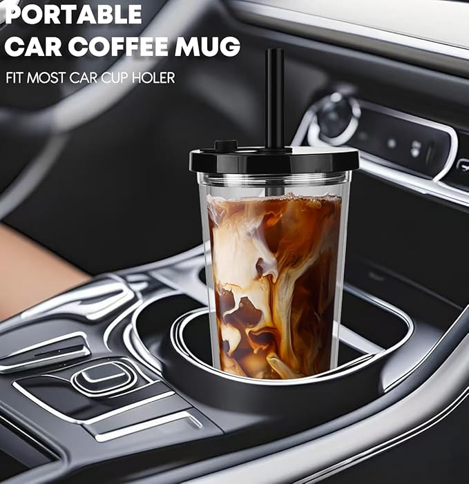 ALINK Reusable Iced Coffee Cup with Lid and Straw, 24 oz Boba Tea Smoothie Cup, Leak Proof Double Wall Insulated Iced Coffee Tumbler for Hot Cold Drinks, Bubble Tea, With 2 Boba Straws 1 Brush