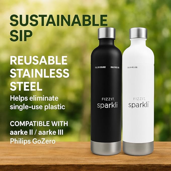 Fizzit Spärklï Carbonated Water Soda Maker with 1 Black Stainless Steel Bottle & 2 White Stainless Steel Bottles