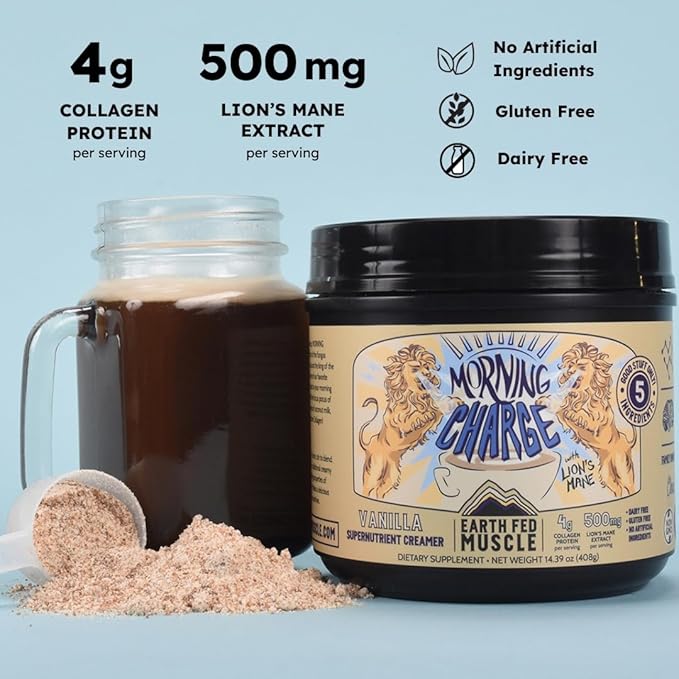 Earth Fed Muscle Morning Charge Protein Coffee Creamer with Collagen & Lion’s Mane – Organic Coffee Creamer with Adaptogenic Mushrooms – Dairy-Free, Soy-Free, Gluten-Free – 24 Serving