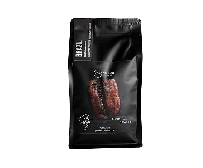 PURE EARTH COFFEE CO. Whole Bean Coffee, Brazil Single-Origin Beans, Dark Roast, Bold Gourmet Specialty Grade Coffee, Chocolate, Walnut, Bold and Smooth Flavor Notes 12oz (12oz, Brazil)