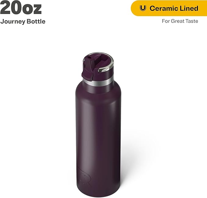 RTIC 20oz Journey Bottle Metal Stainless Steel Vacuum Insulated, BPA Free, Reusable, for Water, Hot and Cold Drinks, Travel, Sports, Camping, Plum