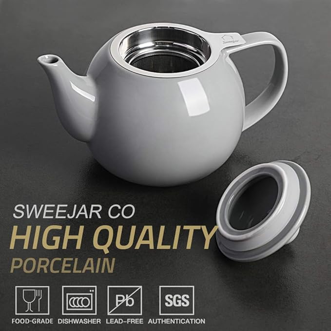 Sweejar Porcelain Teapot with Removable Stainless Steel Infuser,Microwave & Dishwasher Safe Tea Pots for Loose Tea,Tea Infuser Pots for Chrismas Women Gift (30oz Gray)