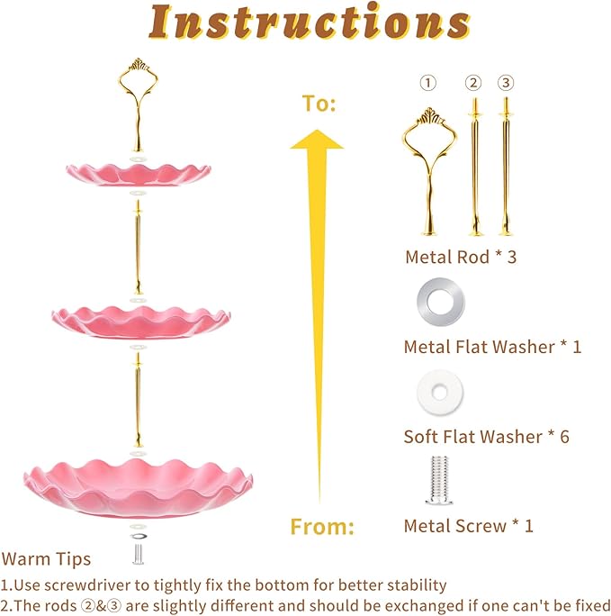 3 Tier Cupcake Stand Holder, BACUTHY Plastic Cup Cake Stand Tower with Tiered Serving Tray for Cupcakes, Donuts, Fruits and More, Pink