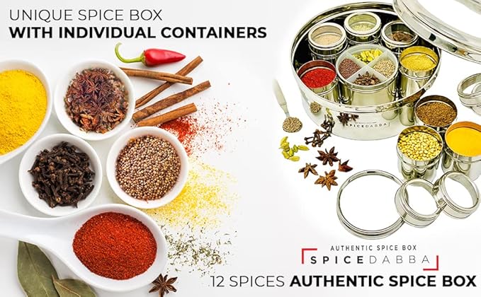 spice dabba Stainless Steel Indian Spice Box, Steel Masala Dabba 12 Spices, Lid Spice Box, Authentic Spices, Masala Box with Individual containers | Size 9 x 9 x 3 IN (Indian Spice Box Only)