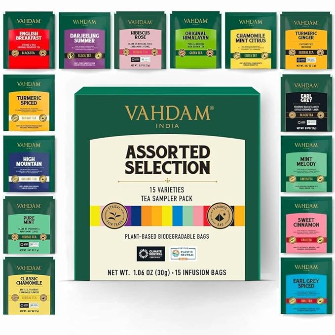 VAHDAM, Assorted Tea Sampler (15 Different Variety in Individually Wrapped Pyramid Tea Bags) Long Leaf Premium Teas I Teas Gift Set I Ideas for Tea Lovers | Gifts for Women & Men