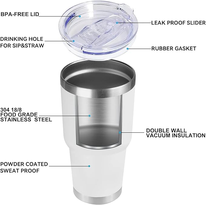 DOMICARE 30 oz Tumbler with Lid and Straw, Stainless Steel Tumblers Bulk, Insulated Vacuum Double Wall Travel Coffee Mug, Durable Powder Coated Tumbler Cups (White, 4)