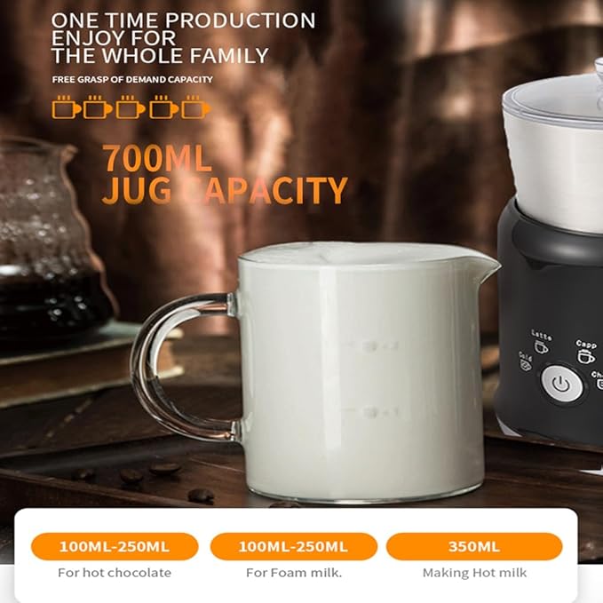 Electric Milk Frother Has Hot and Cold Functions 700-ml Split Stainless Steel Automatic Milk Frother and Steamer with Transparent Lid, Anti-Dry,Dishwasher-Safe