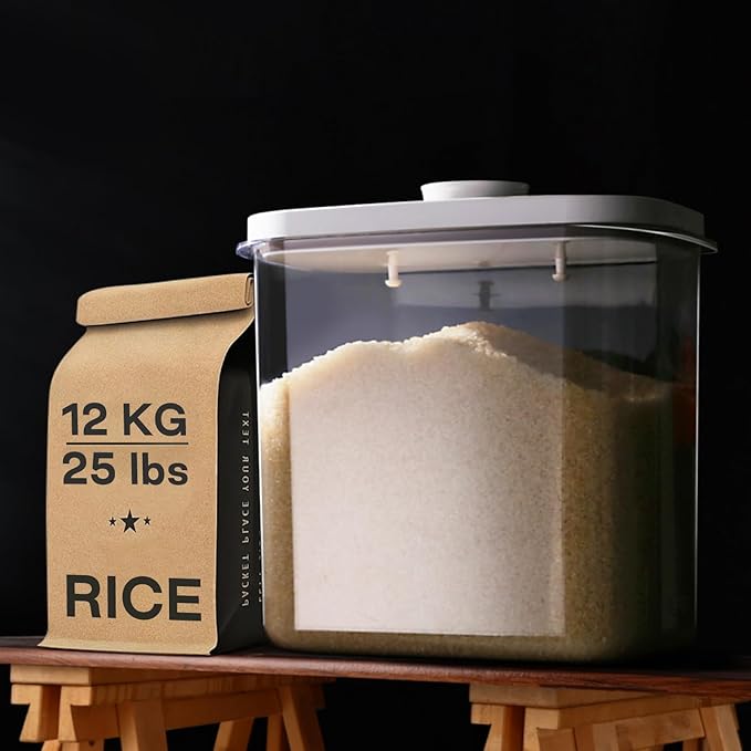 Rice Container - 25 Lbs/12KG/12L Rice Dispenser Storage with Measuring Cup Food Cereal Container Bins Pet Food Container Household for Kitchen Pantry Organization