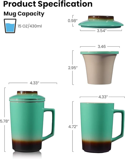 15 OZ Porcelain Tea Infuser Cup with Lid,Ceramic Tea Mug with All-Porcelain Strainers for Loose Leaf Teas,Microwave and Dishwasher Safe Coffee Mug,Metal-Free,BPA-Free,Gifts for Tea-Lover (Green)