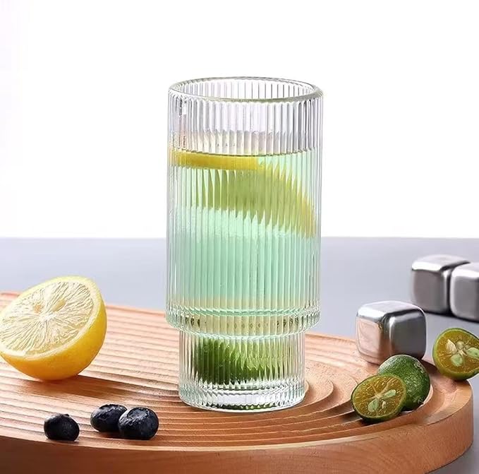 16OZ Ribbed Glass Cups with Lids and Straws,Iced Coffee Cups with Bamboo Lid,Vintage Glassware for Whiskey Cocktail Beer Fruit Juice Glasses Tumbler(4 Pack)